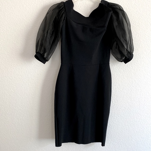 La Petite Robe di Chiara Boni Cocktail Midi Dress Black Ruched Ruff Sleeve Sz 42 - Picture 7 of 15